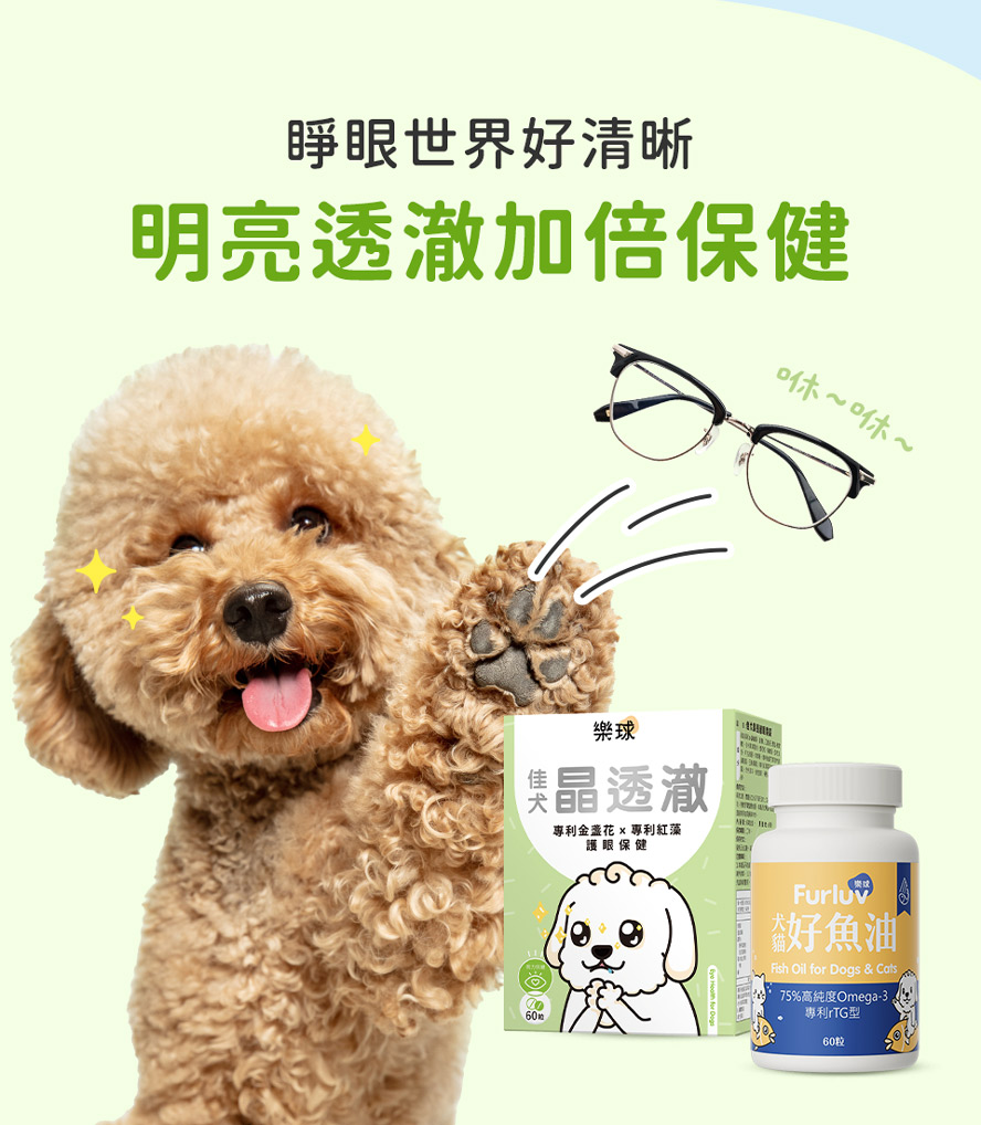 晶透澈與好魚油組合，狗狗眼睛透澈加倍。